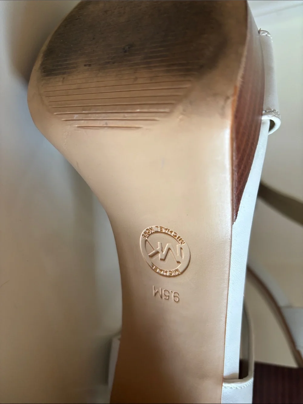 Michael Kors Cream Leather T-Strap Block Heel Sandals with Gold Zip